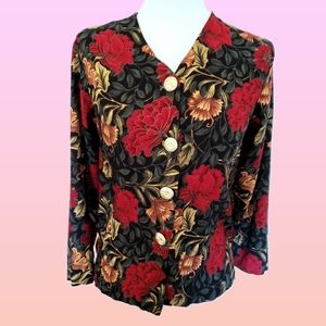 80s Vintage red black gold floral cardigan blouse